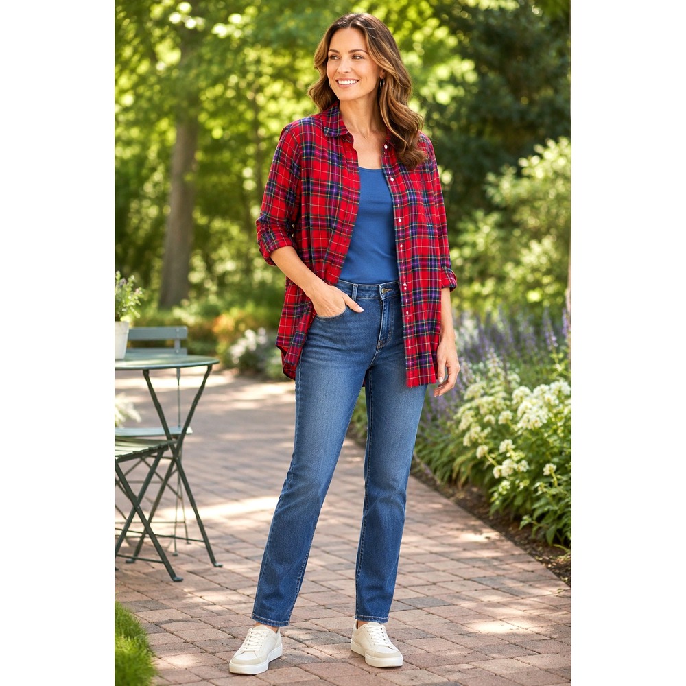 J Jill Button Up Shirt Size 2X Red Plaid Long Sleeve Tunic Cotton Blend Outdoor